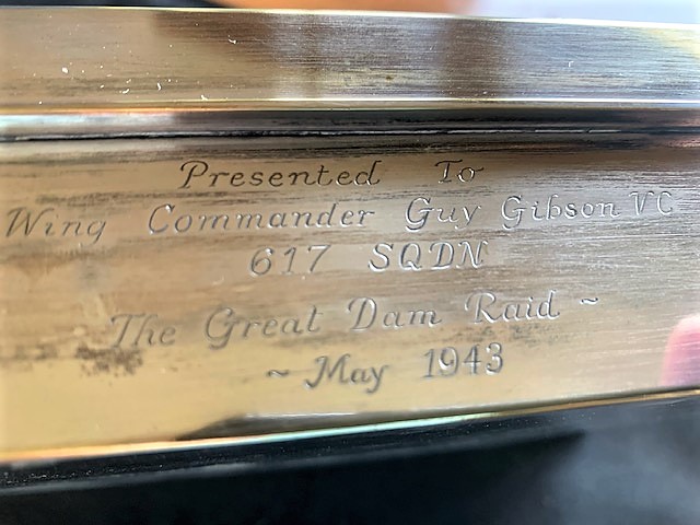 The engraving on a silver plated cigar humidor presented to Guy Gibson